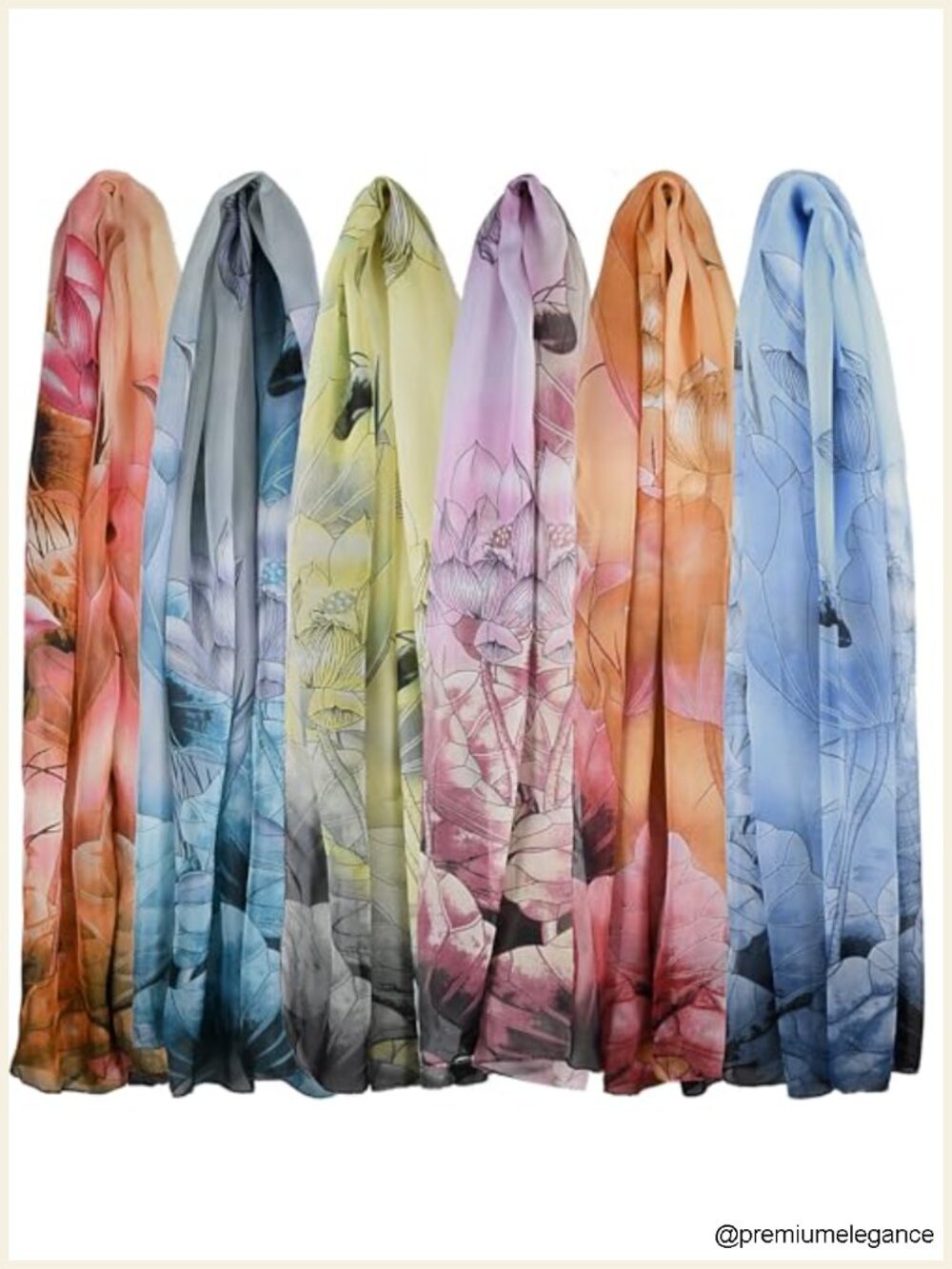 6 Pack Women's Chiffon Scarves with Lotus Floral Print Lightweight Long Wraps